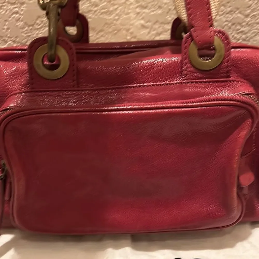 Moschino Top Handle Travel Tote Bag Deep Pinkish Red Leather Gold Hardware